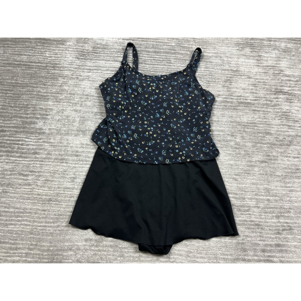 Beach‎ Cabana Swimsuit One Piece Womens Large Blue Black Floral Sleeveless